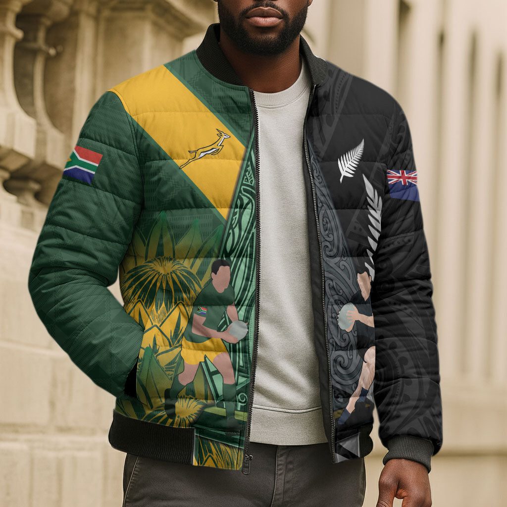 New Zealand and South Africa Rugby Custom Bomber Puffer Jacket Ultimate Rivalry All Black Springboks