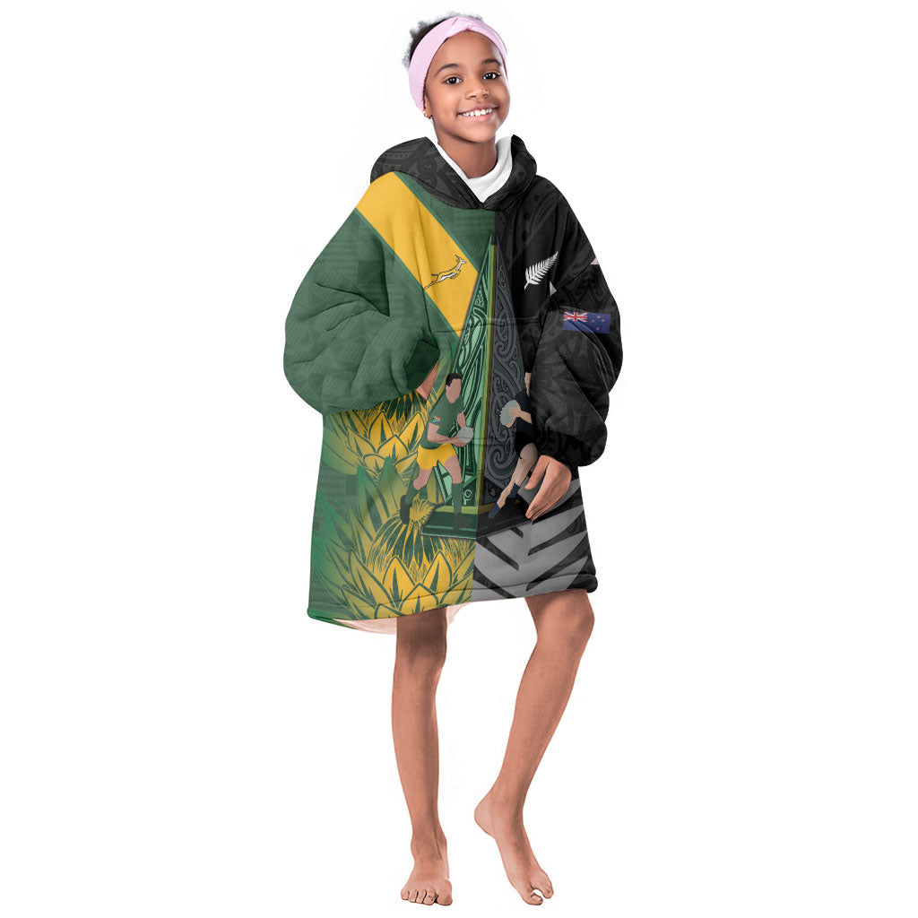 New Zealand and South Africa Rugby Custom Kid Wearable Blanket Hoodie Ultimate Rivalry All Black Springboks
