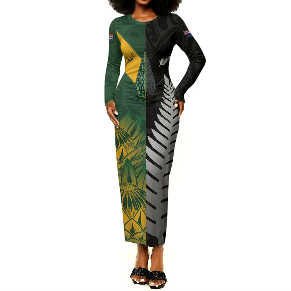 New Zealand and South Africa Rugby Custom Long Sleeve Bodycon Dress Ultimate Rivalry All Black Springboks