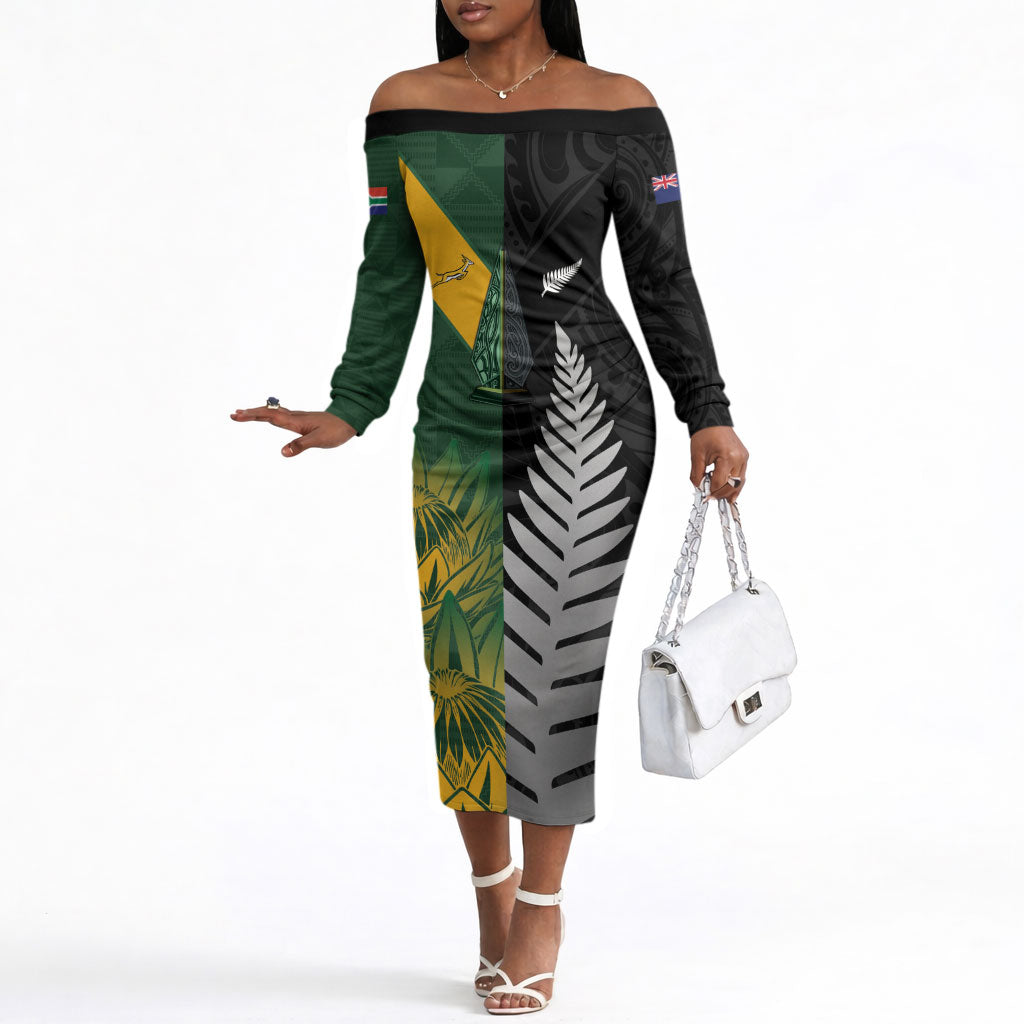 New Zealand and South Africa Rugby Custom Off The Shoulder Long Sleeve Dress Ultimate Rivalry All Black Springboks