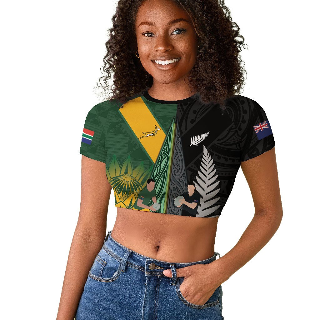 New Zealand and South Africa Rugby Custom Raglan Cropped T shirt Ultimate Rivalry All Black Springboks