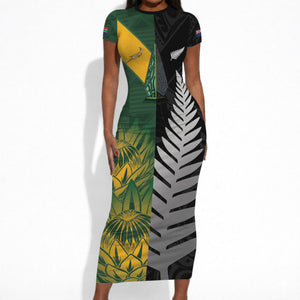 New Zealand and South Africa Rugby Custom Short Sleeve Bodycon Dress Ultimate Rivalry All Black Springboks