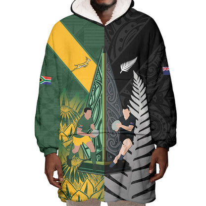 New Zealand and South Africa Rugby Custom Wearable Blanket Hoodie Ultimate Rivalry All Black Springboks