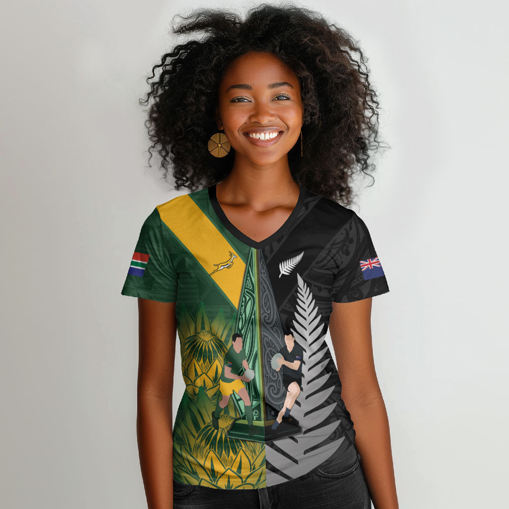 New Zealand and South Africa Rugby Custom Women V-Neck T-Shirt Ultimate Rivalry All Black Springboks