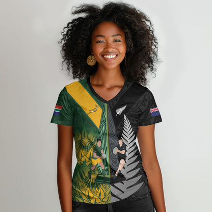New Zealand and South Africa Rugby Custom Women V-Neck T-Shirt Ultimate Rivalry All Black Springboks