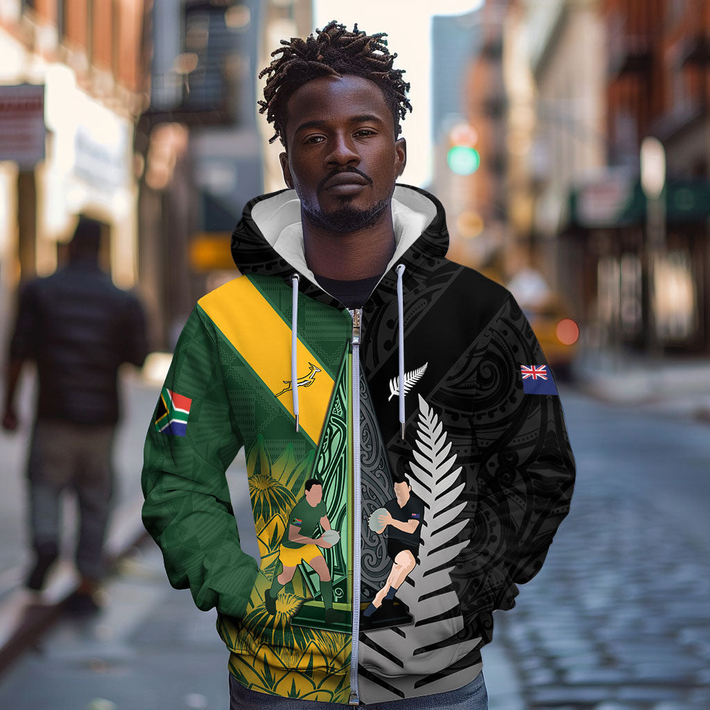 New Zealand and South Africa Rugby Custom Zip Hoodie Ultimate Rivalry All Black Springboks