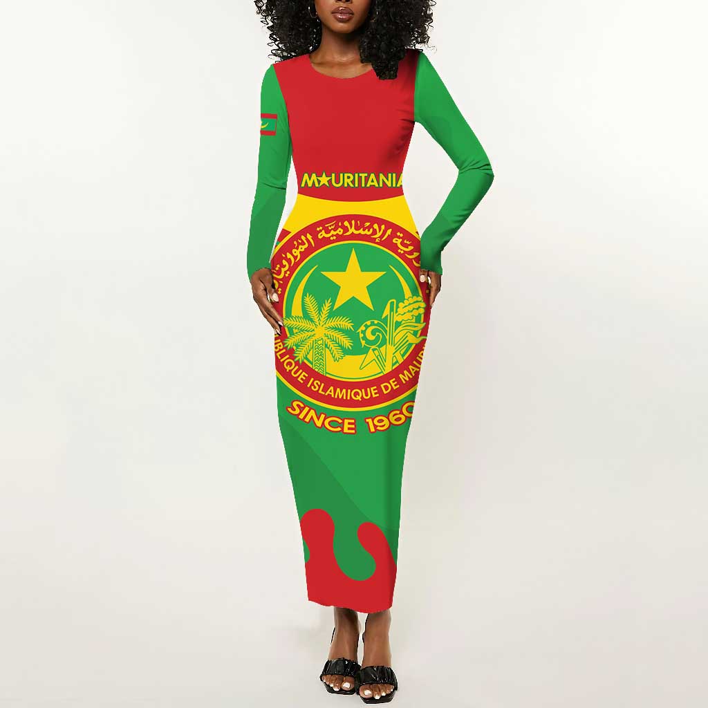 Personalized Mauritania Long Sleeve Bodycon Dress Map Flag - Independence Day 1960