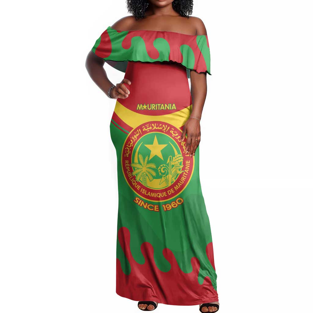 Personalized Mauritania Off Shoulder Maxi Dress Map Flag - Independence Day 1960