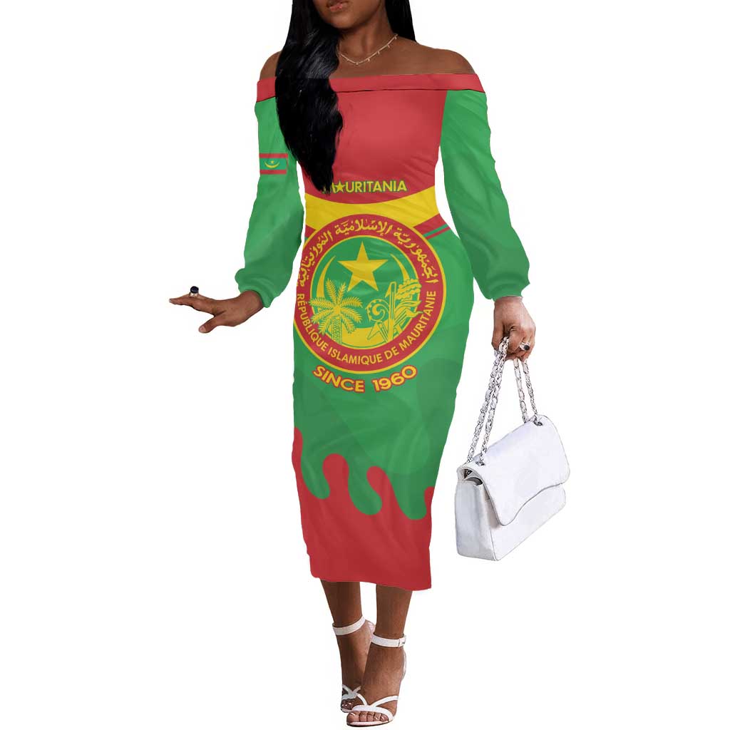 Personalized Mauritania Off The Shoulder Long Sleeve Dress Map Flag - Independence Day 1960