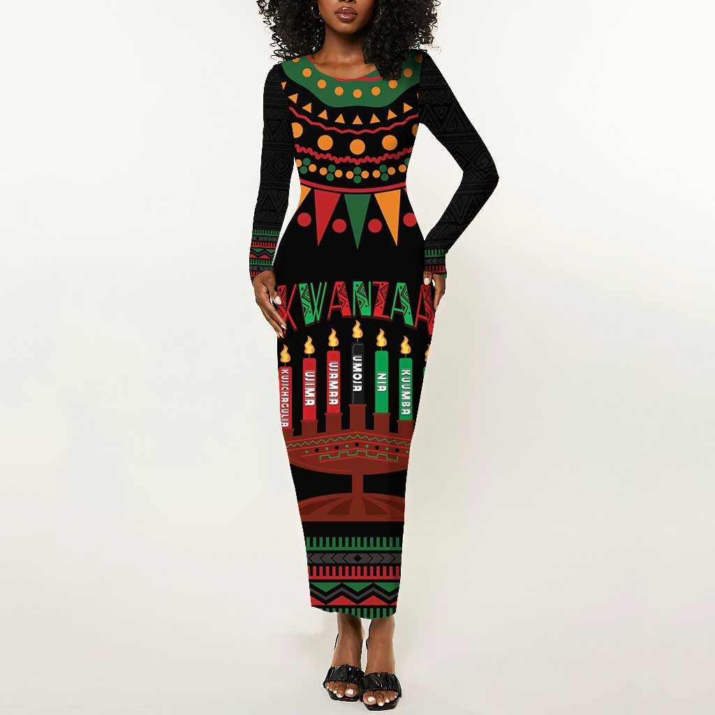 Personalized Afro-American Kwanzaa Long Sleeve Bodycon Dress Kinara Candles African Pattern