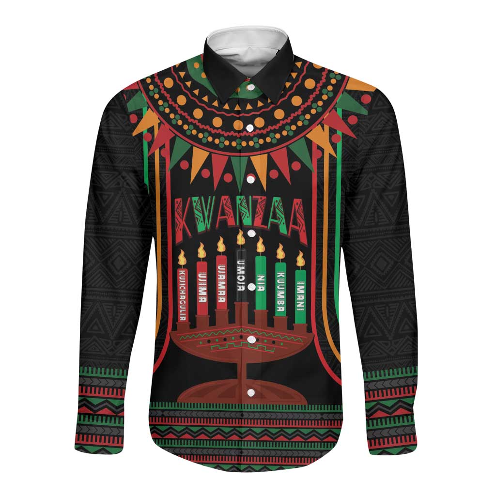 Personalized Afro-American Kwanzaa Long Sleeve Button Shirt Kinara Candles African Pattern