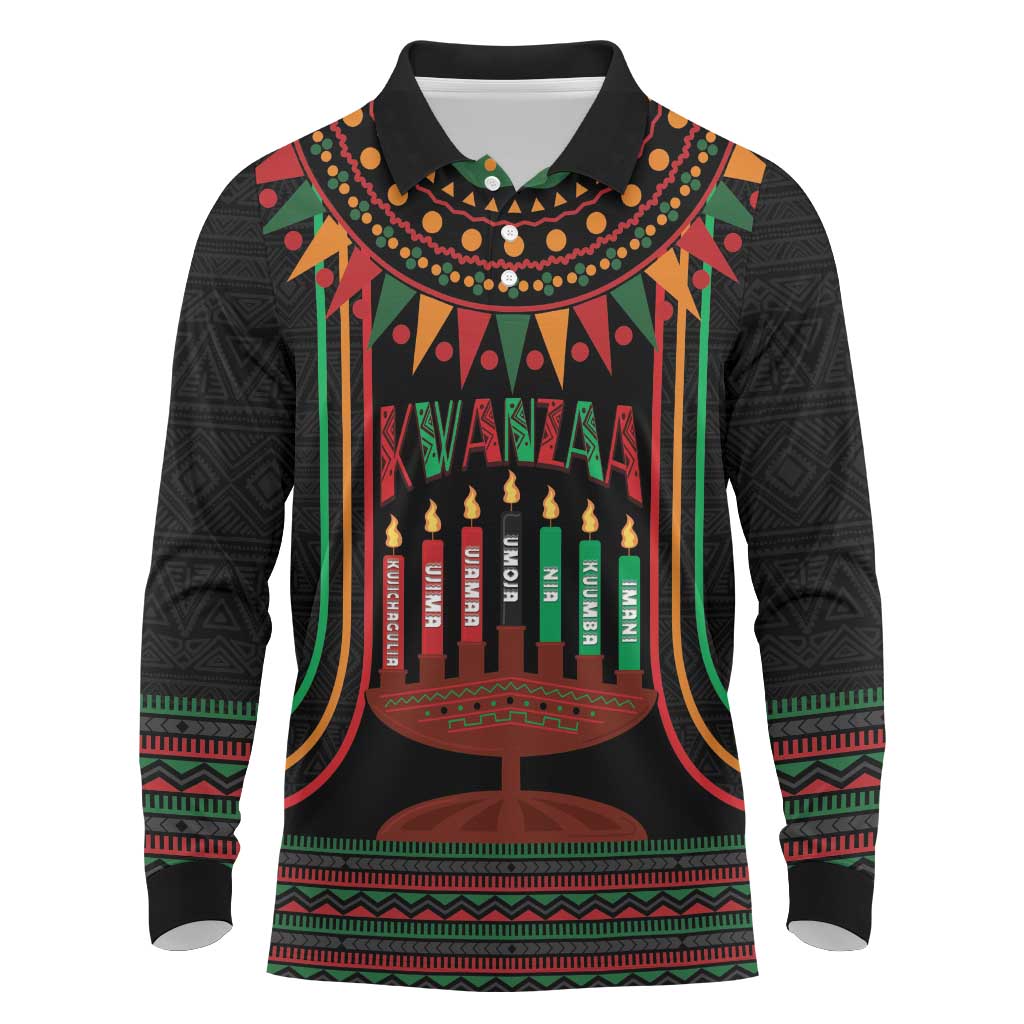 Personalized Afro-American Kwanzaa Long Sleeve Polo Shirt Kinara Candles African Pattern