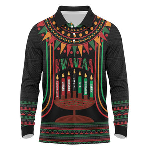 Personalized Afro-American Kwanzaa Long Sleeve Polo Shirt Kinara Candles African Pattern