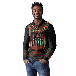 Personalized Afro-American Kwanzaa Long Sleeve Polo Shirt Kinara Candles African Pattern