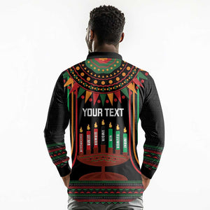 Personalized Afro-American Kwanzaa Long Sleeve Polo Shirt Kinara Candles African Pattern