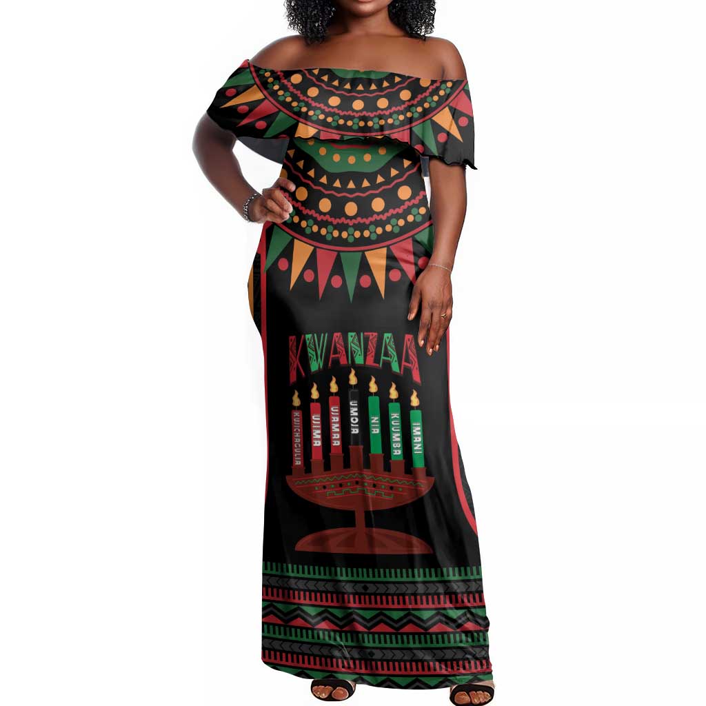 Personalized Afro-American Kwanzaa Off Shoulder Maxi Dress Kinara Candles African Pattern