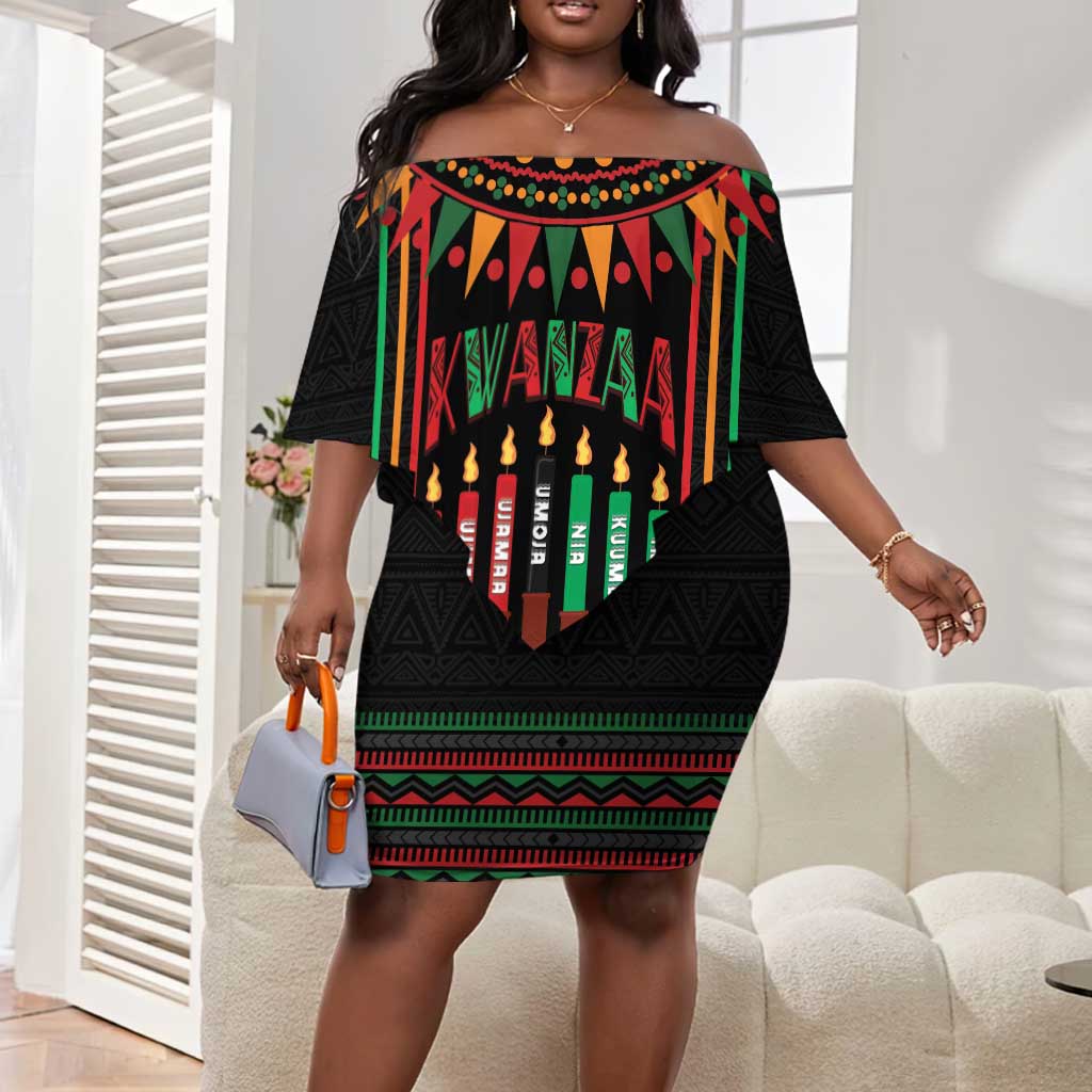 Personalized Afro-American Kwanzaa Off Shoulder Short Dress Kinara Candles African Pattern