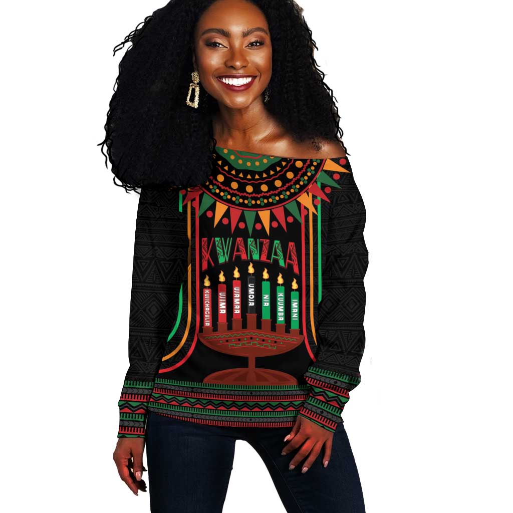 Personalized Afro-American Kwanzaa Off Shoulder Sweater Kinara Candles African Pattern