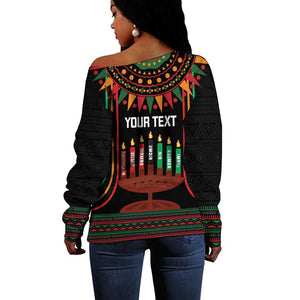 Personalized Afro-American Kwanzaa Off Shoulder Sweater Kinara Candles African Pattern