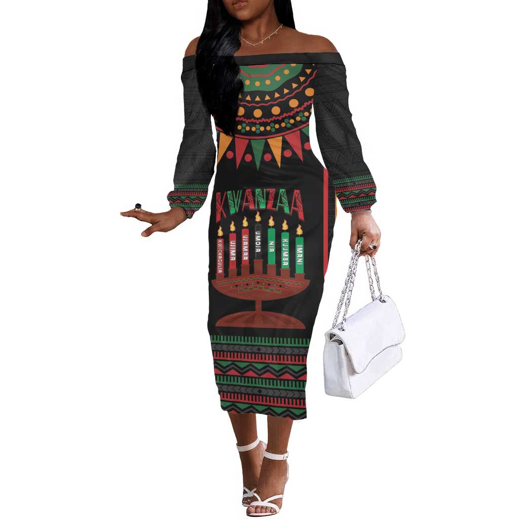 Personalized Afro-American Kwanzaa Off The Shoulder Long Sleeve Dress Kinara Candles African Pattern