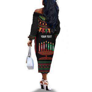 Personalized Afro-American Kwanzaa Off The Shoulder Long Sleeve Dress Kinara Candles African Pattern