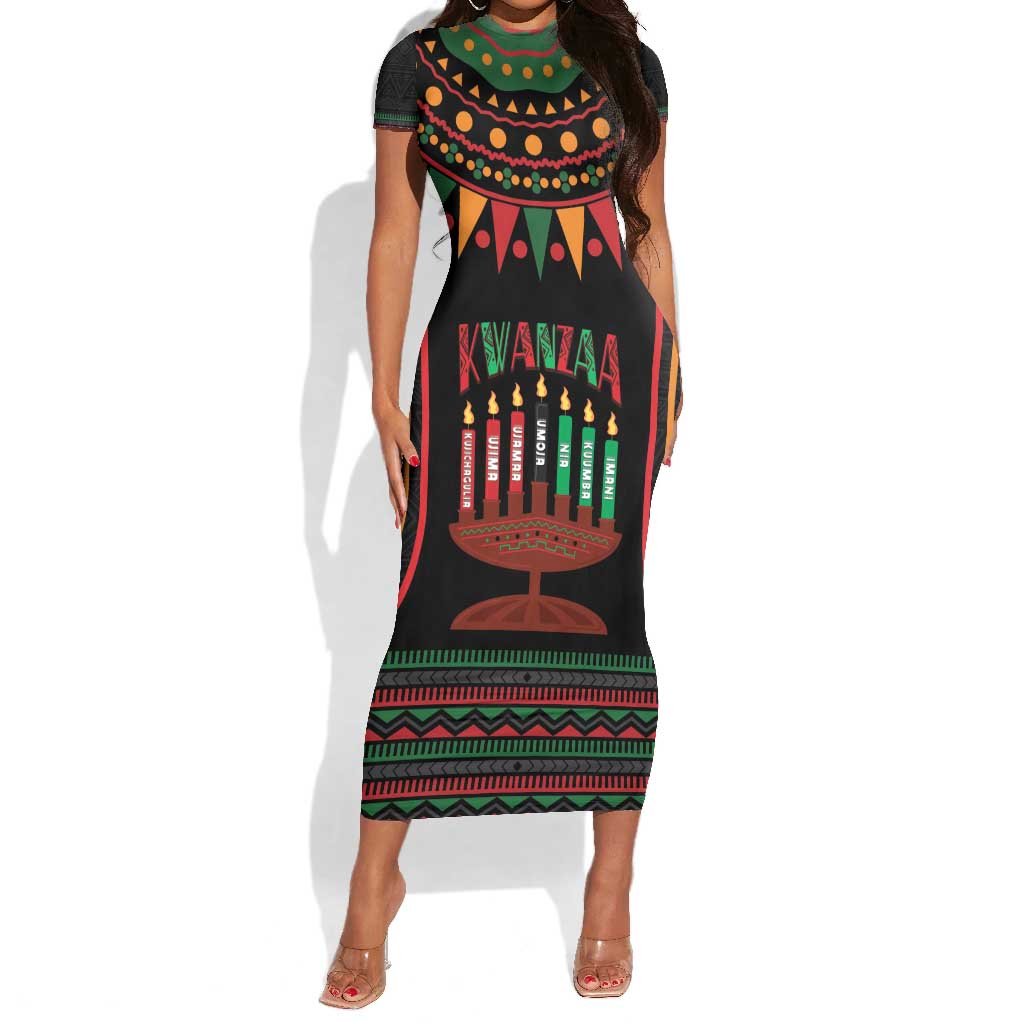 Personalized Afro-American Kwanzaa Short Sleeve Bodycon Dress Kinara Candles African Pattern