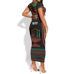 Personalized Afro-American Kwanzaa Short Sleeve Bodycon Dress Kinara Candles African Pattern