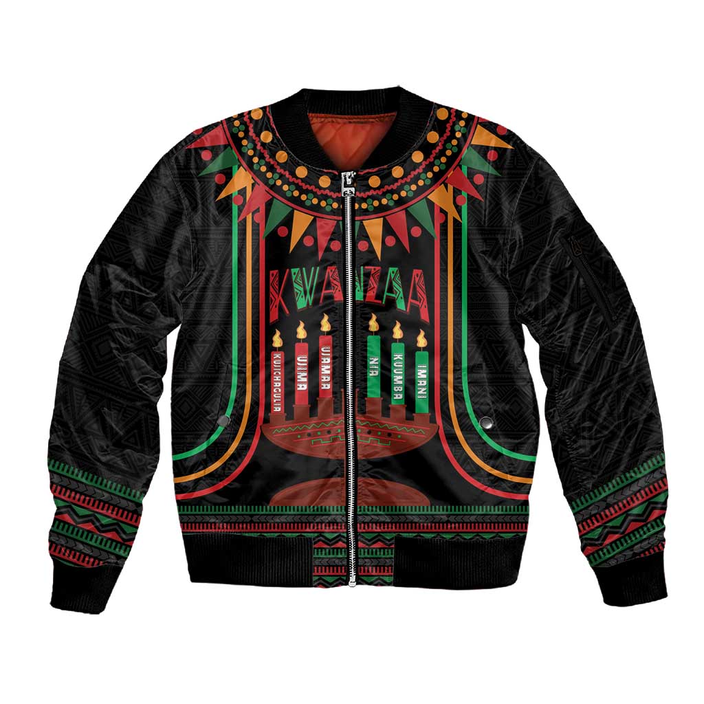 Personalized Afro-American Kwanzaa Sleeve Zip Bomber Jacket Kinara Candles African Pattern