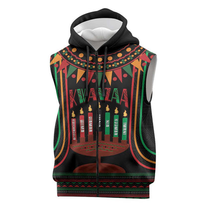Personalized Afro-American Kwanzaa Sleeveless Zip Hoodie Kinara Candles African Pattern - African Pride