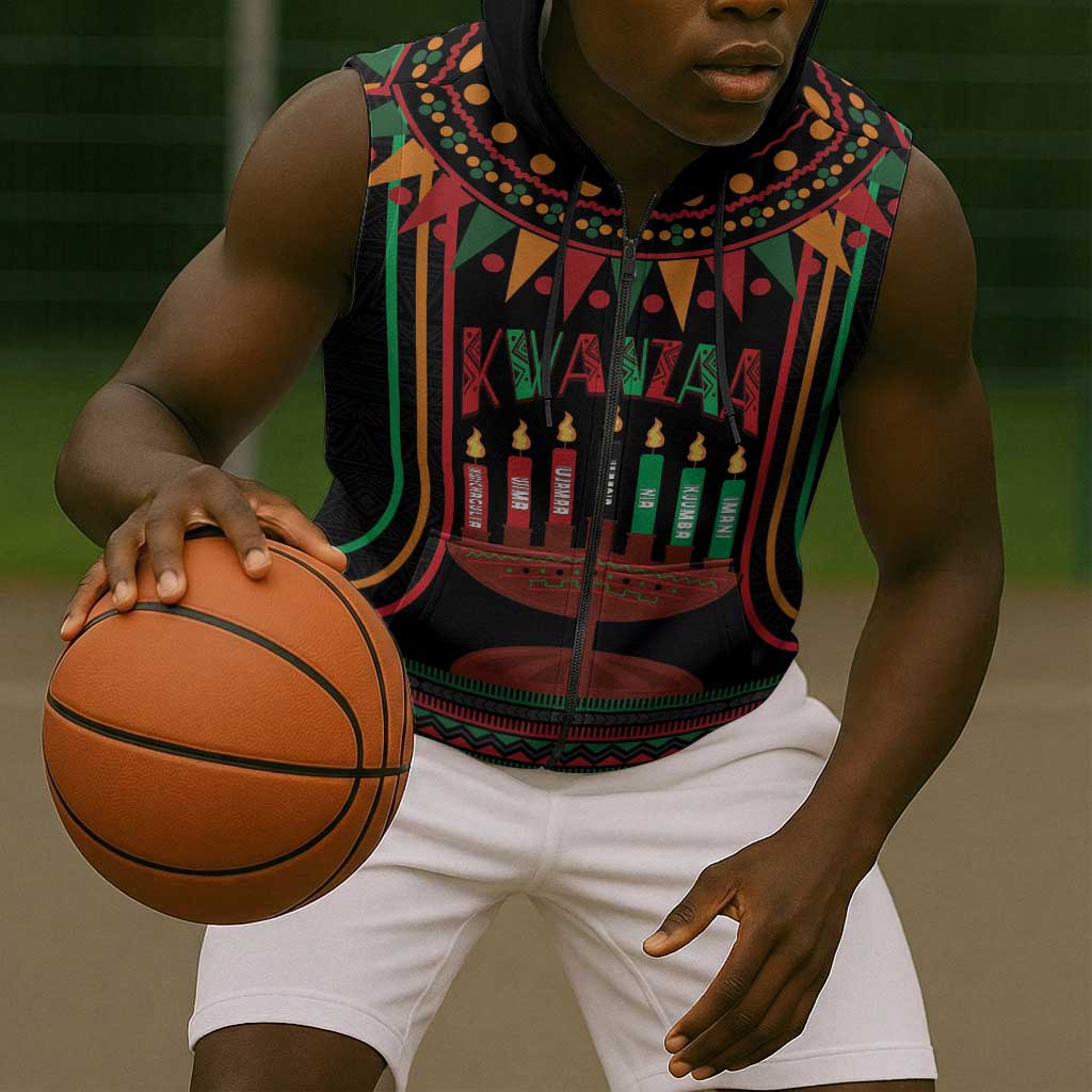 Personalized Afro-American Kwanzaa Sleeveless Zip Hoodie Kinara Candles African Pattern - African Pride