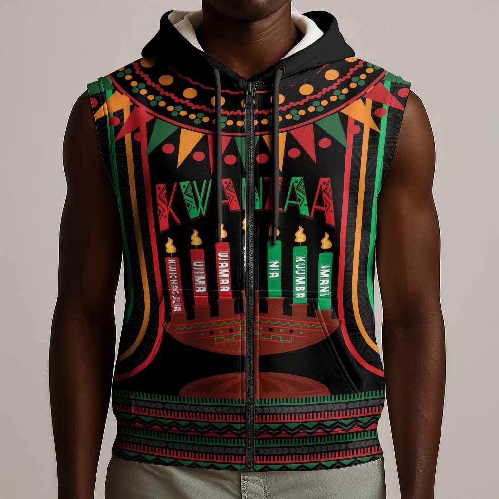 Personalized Afro-American Kwanzaa Sleeveless Zip Hoodie Kinara Candles African Pattern - African Pride