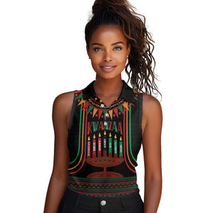 Personalized Afro-American Kwanzaa Women Sleeveless Polo Shirt Kinara Candles African Pattern