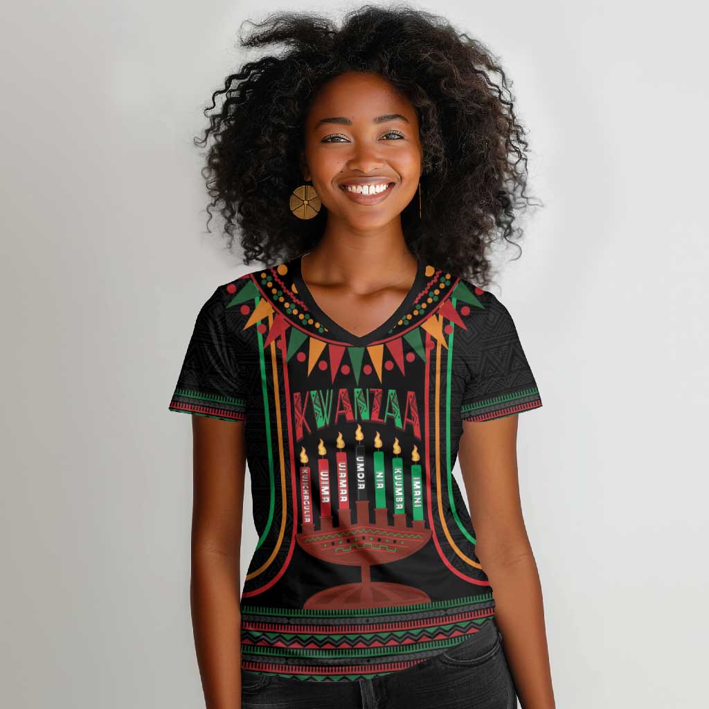 Personalized Afro-American Kwanzaa Women V-Neck T-Shirt Kinara Candles African Pattern