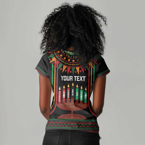 Personalized Afro-American Kwanzaa Women V-Neck T-Shirt Kinara Candles African Pattern