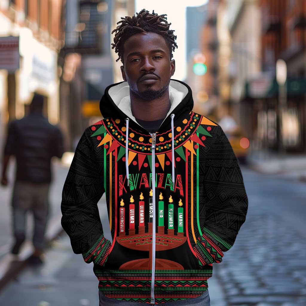 Personalized Afro-American Kwanzaa Zip Hoodie Kinara Candles African Pattern