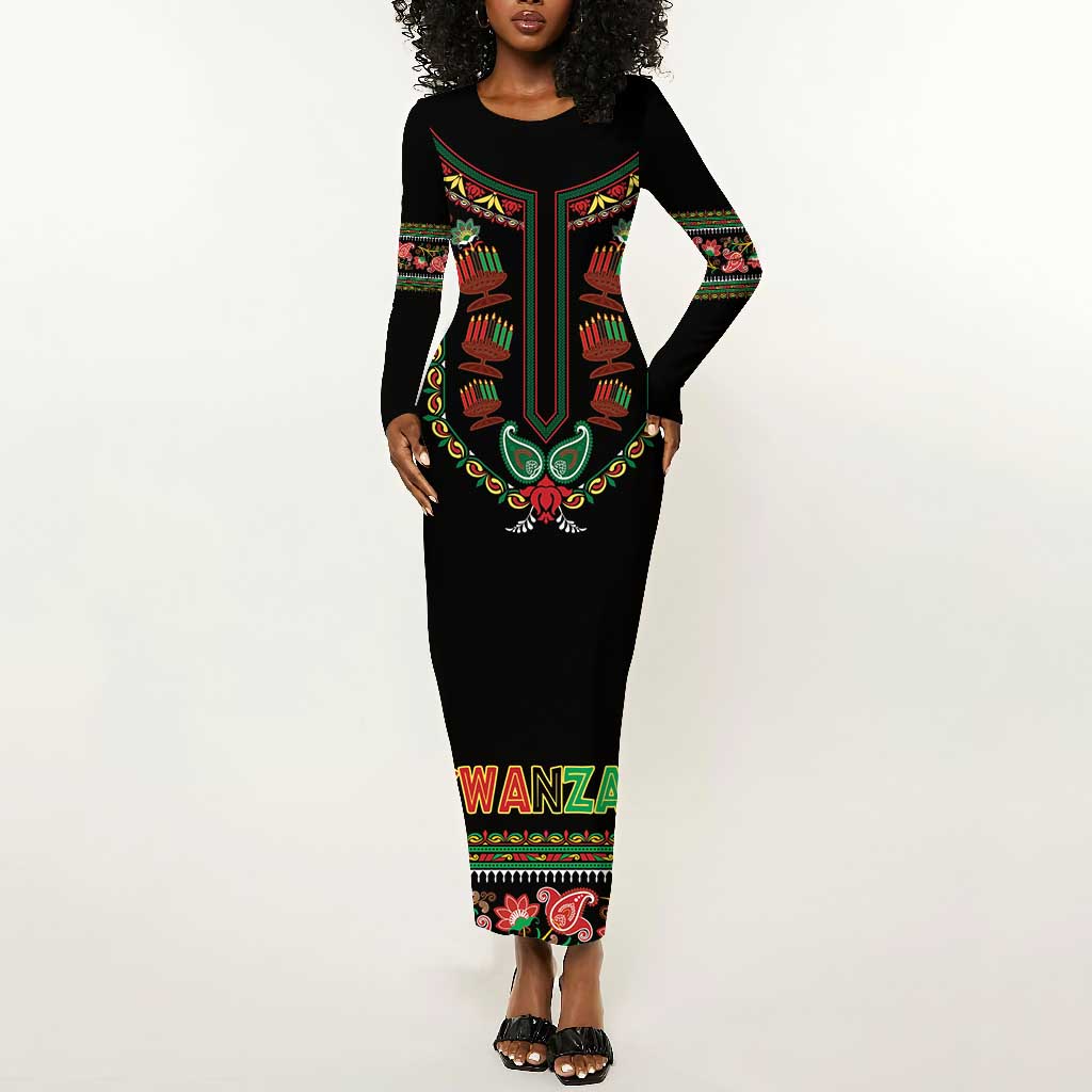 Personalized Afro-American Kwanzaa Long Sleeve Bodycon Dress Dashiki Mix Paisley Pattern