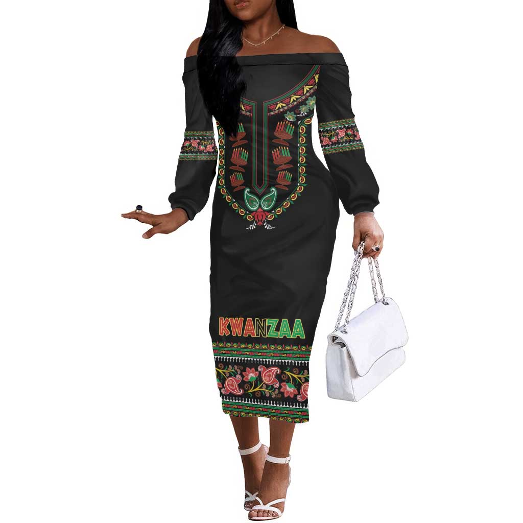 Personalized Afro-American Kwanzaa Off The Shoulder Long Sleeve Dress Dashiki Mix Paisley Pattern