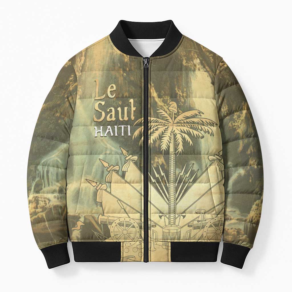Personalized Afro Haiti Le Saut Bomber Puffer Jacket Ayiti Waterfall Vintage Grunge Style - African Pride
