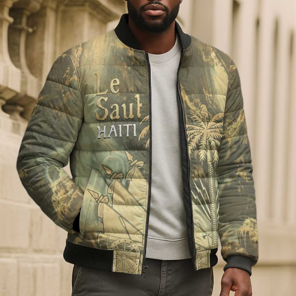 Personalized Afro Haiti Le Saut Bomber Puffer Jacket Ayiti Waterfall Vintage Grunge Style - African Pride