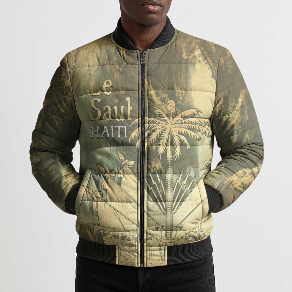 Personalized Afro Haiti Le Saut Bomber Puffer Jacket Ayiti Waterfall Vintage Grunge Style - African Pride