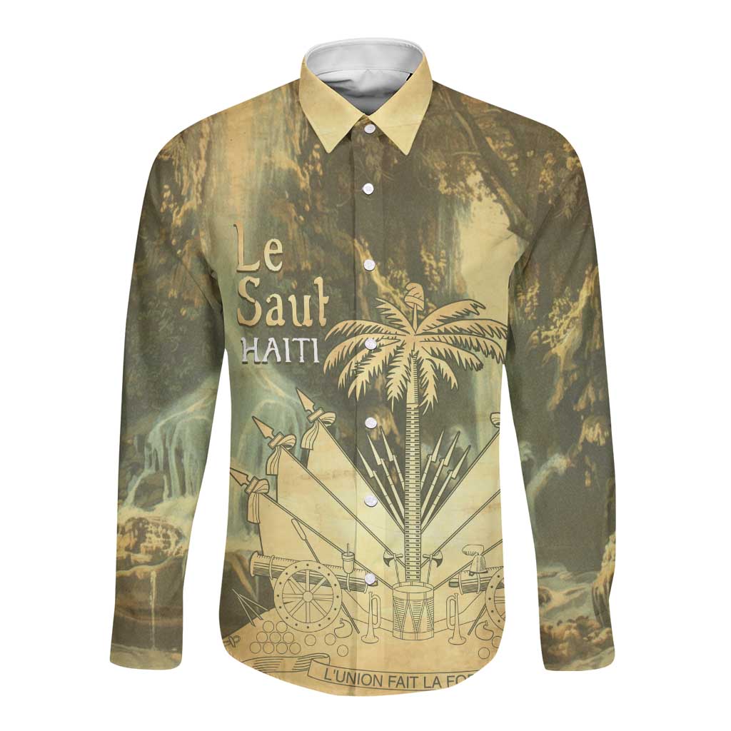 Personalized Afro Haiti Le Saut Long Sleeve Button Shirt Ayiti Waterfall Vintage Grunge Style - African Pride