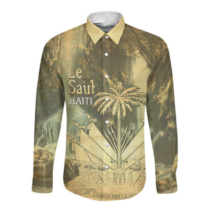 Personalized Afro Haiti Le Saut Long Sleeve Button Shirt Ayiti Waterfall Vintage Grunge Style - African Pride