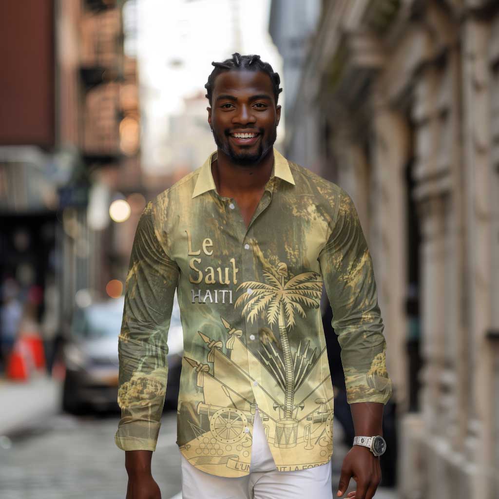 Personalized Afro Haiti Le Saut Long Sleeve Button Shirt Ayiti Waterfall Vintage Grunge Style - African Pride