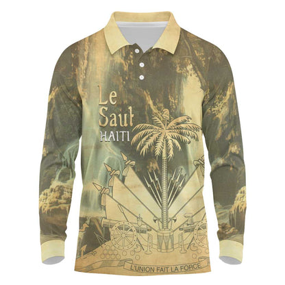 Personalized Afro Haiti Le Saut Long Sleeve Polo Shirt Ayiti Waterfall Vintage Grunge Style - African Pride