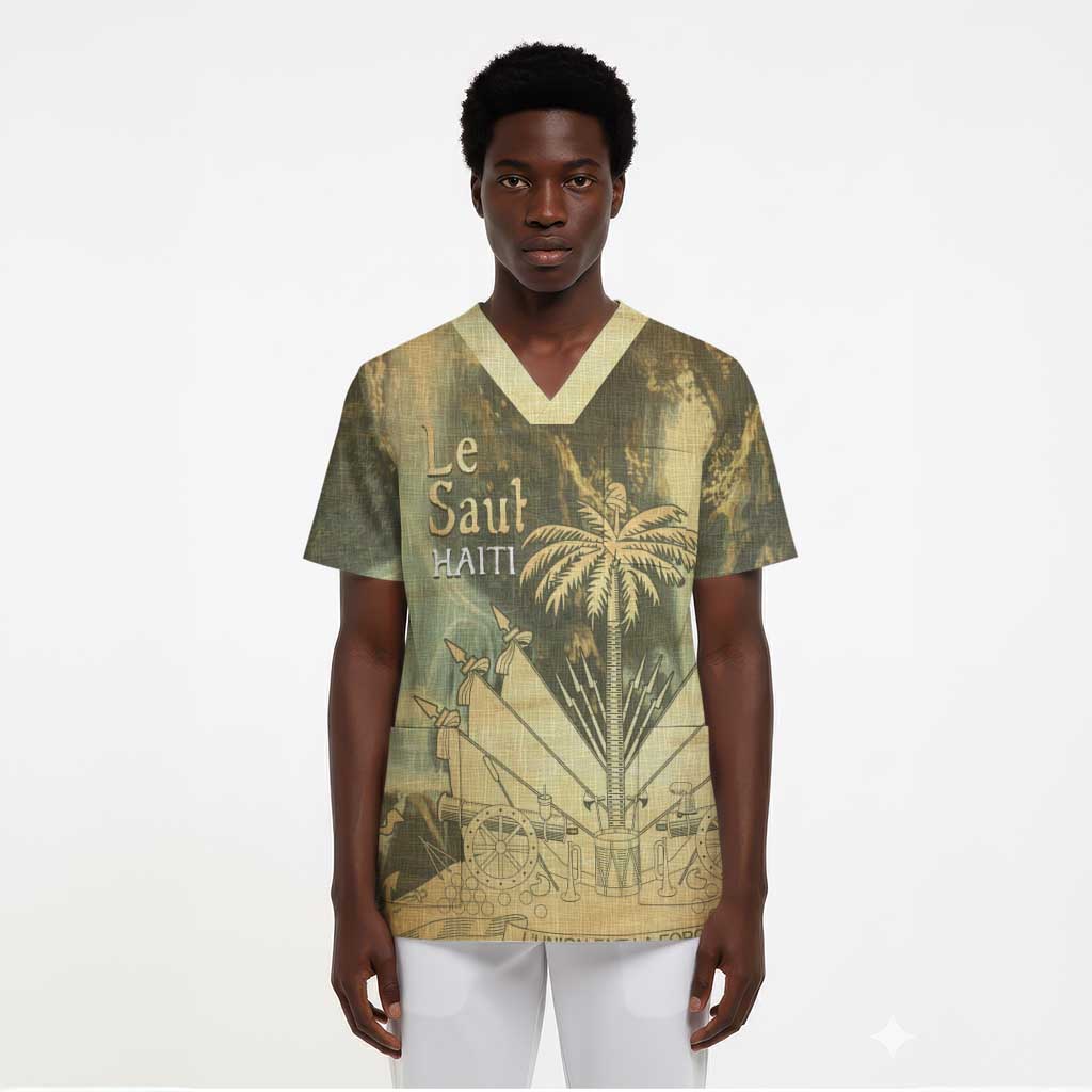 Personalized Afro Haiti Le Saut Scrub Top Ayiti Waterfall Vintage Grunge Style - African Pride