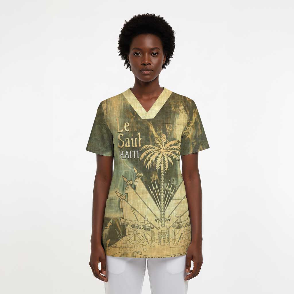 Personalized Afro Haiti Le Saut Scrub Top Ayiti Waterfall Vintage Grunge Style - African Pride