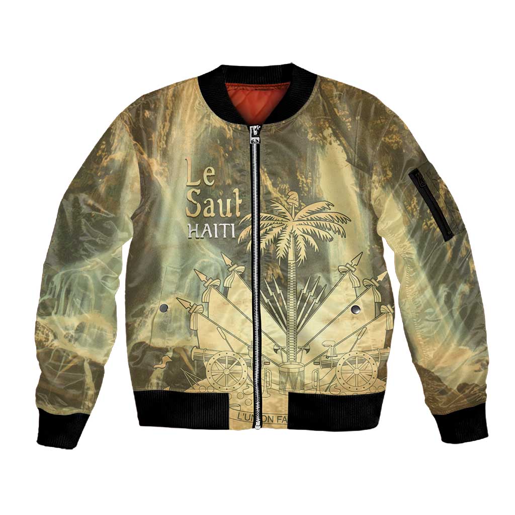 Personalized Afro Haiti Le Saut Sleeve Zip Bomber Jacket Ayiti Waterfall Vintage Grunge Style - African Pride