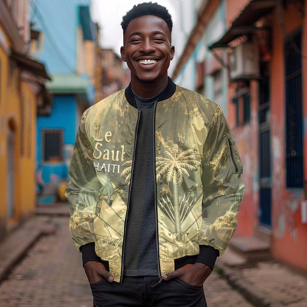 Personalized Afro Haiti Le Saut Sleeve Zip Bomber Jacket Ayiti Waterfall Vintage Grunge Style - African Pride