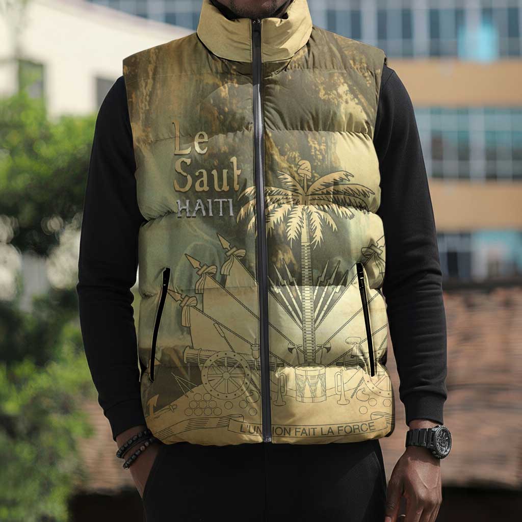 Personalized Afro Haiti Le Saut Sleeveless Puffer Jacket Ayiti Waterfall Vintage Grunge Style - African Pride