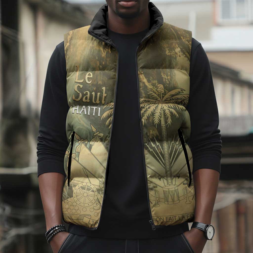 Personalized Afro Haiti Le Saut Sleeveless Puffer Jacket Ayiti Waterfall Vintage Grunge Style - African Pride